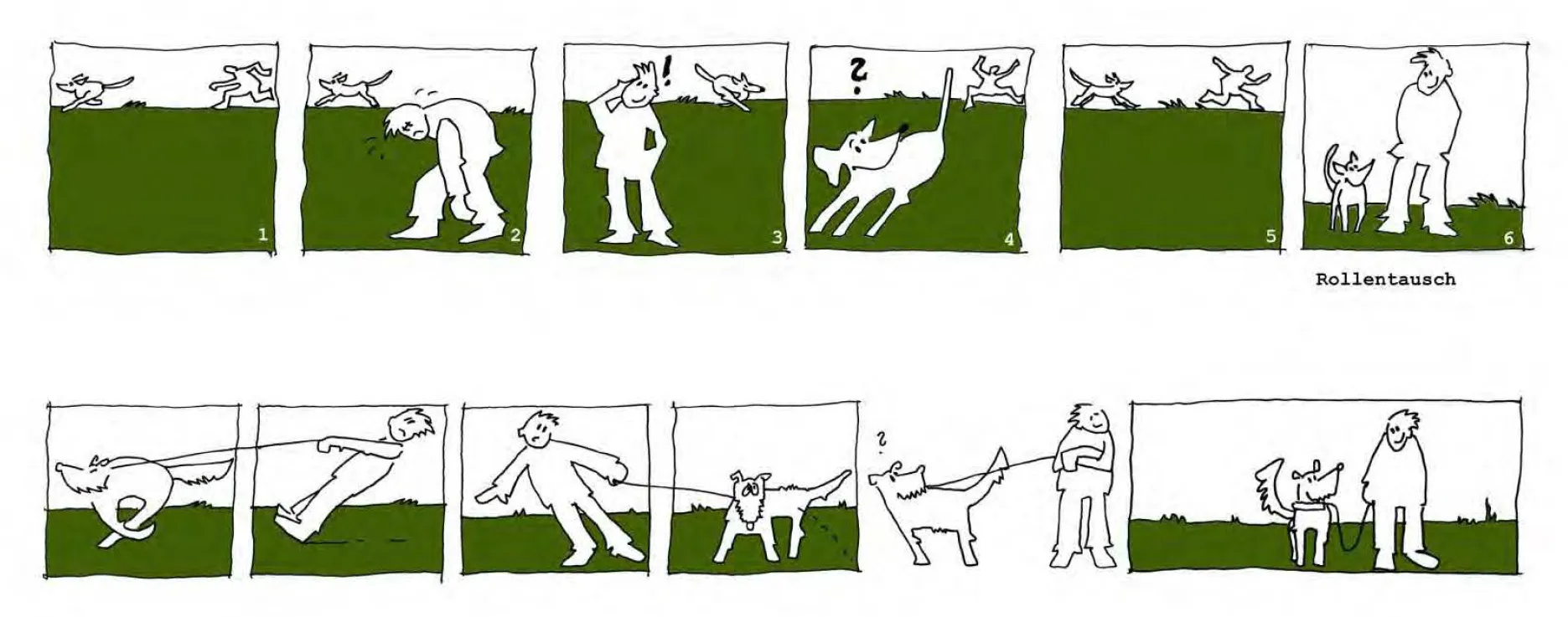 HUNDESACHE — Neben der Website „Hundesache" soll ein Hundeerziehungsbuch entstehen, in dem verschiedene Autoren über allseits bekannte Hundefragen schreiben. Die Themen werden dabei von den hier gezeigten Cartoons begleitet.